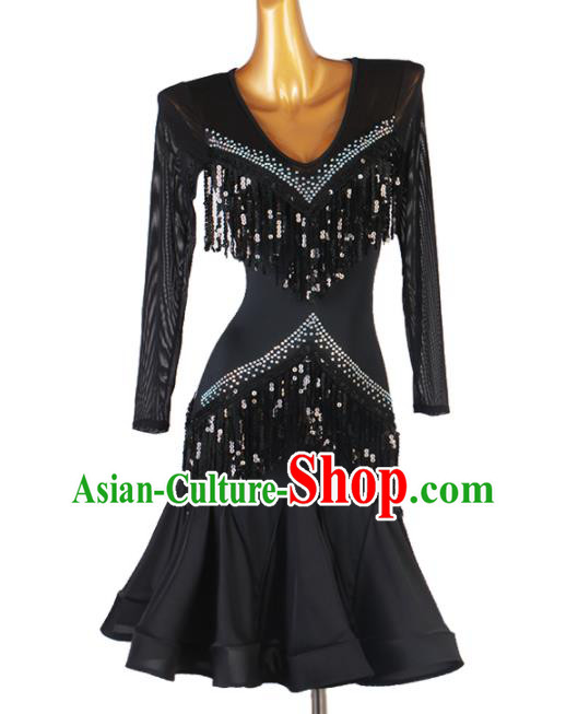 Professional Latin Dance Competition Costume Women Cha Cha Clothing Rumba Dance Black Tassel Dress Ballroom Dancing Fashion