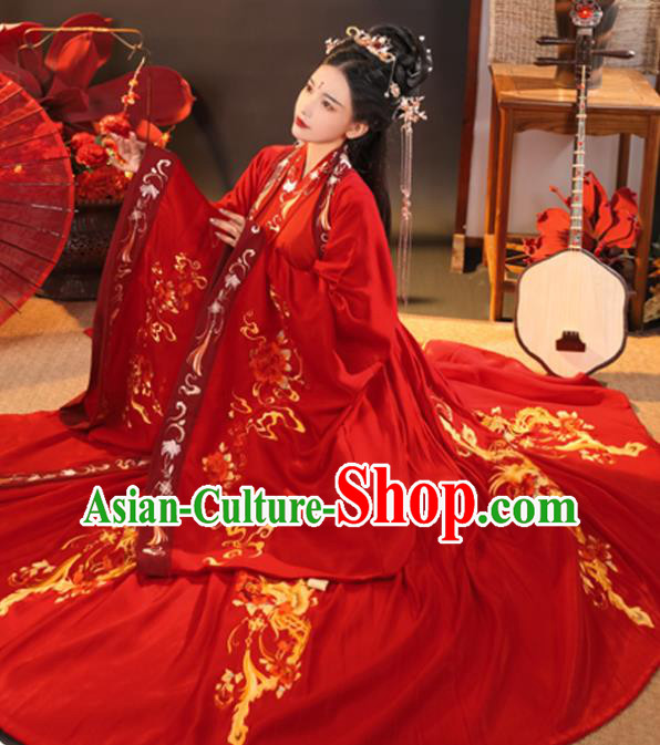 China Traditional Wedding Hanfu Garments Ancient Princess Embroidered Red Dress Jin Dynasty Bride Historical Clothing Complete Set