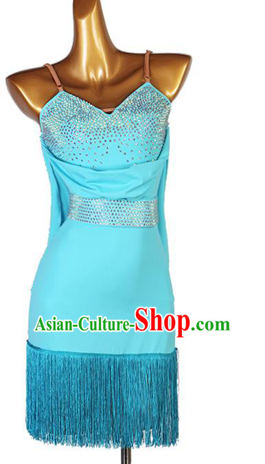 Professional Latin Dance Competition Costume Rumba Dancing Clothing Jitterbug Dance Blue Tassel Dress Women Cha Cha Fashion