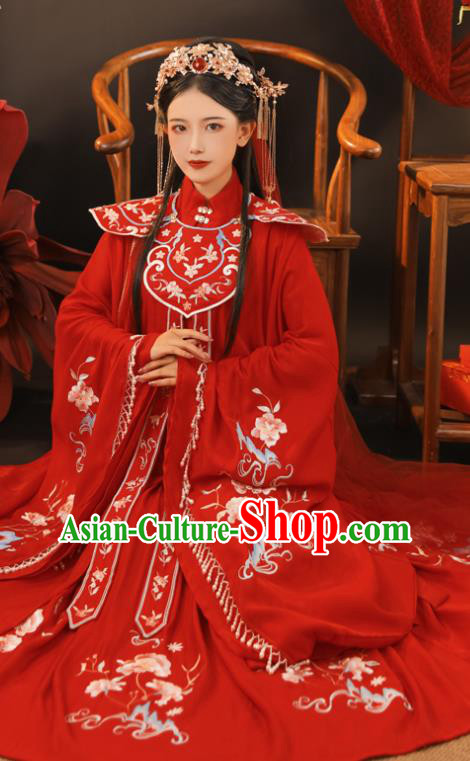 China Ming Dynasty Princess Historical Clothing Traditional Wedding Hanfu Garments Ancient Bride Embroidered Red Dress