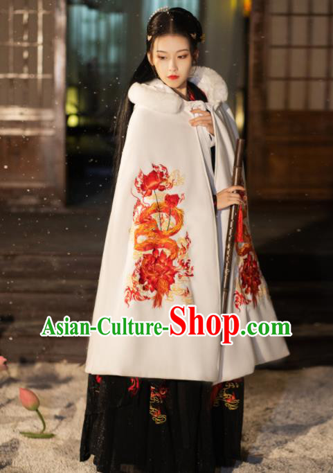 China Ancient Swordswoman Embroidered White Cloak Ming Dynasty Princess Historical Clothing Traditional Winter Hanfu Cape