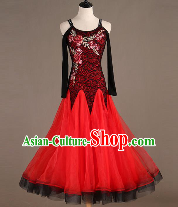 Professional Women Ballroom Dance Red Lace Dress Waltz Dance Competition Costume International Dancing Clothing Modern Dance Fashion