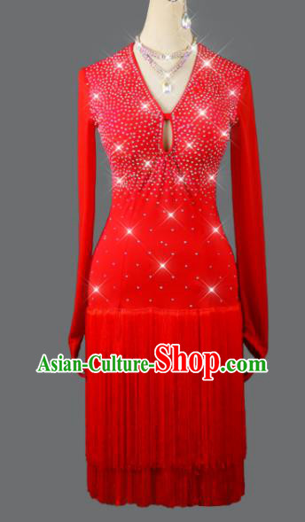 Professional Cha Cha Fashion Latin Dance Red Tassel Dress Modern Dance Costume Women Dancing Competition Clothing