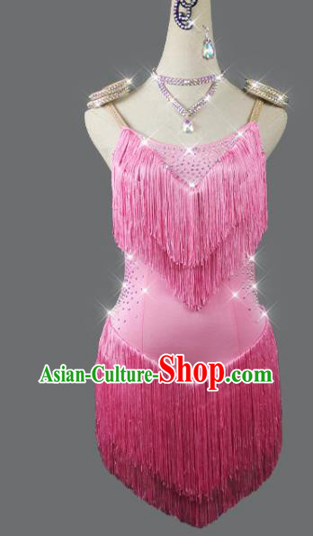 Professional Women Dancing Competition Clothing Cha Cha Sexy Fashion Latin Dance Pink Tassel Dress Modern Dance Costume