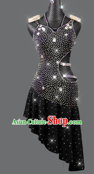 Professional Modern Dance Costume Women Dancing Competition Clothing Cha Cha Sexy Fashion Latin Dance Black Diamante Dress