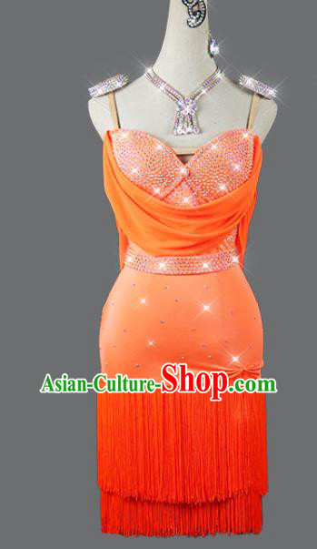 Professional Cha Cha Sexy Fashion Latin Dance Orange Tassel Dress Modern Dance Costume Women Dancing Competition Clothing