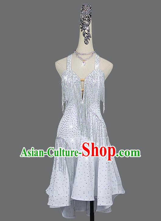 Professional Modern Dance Costume Women Dancing Competition Clothing Cha Cha Sexy Fashion Latin Dance White Diamante Dress