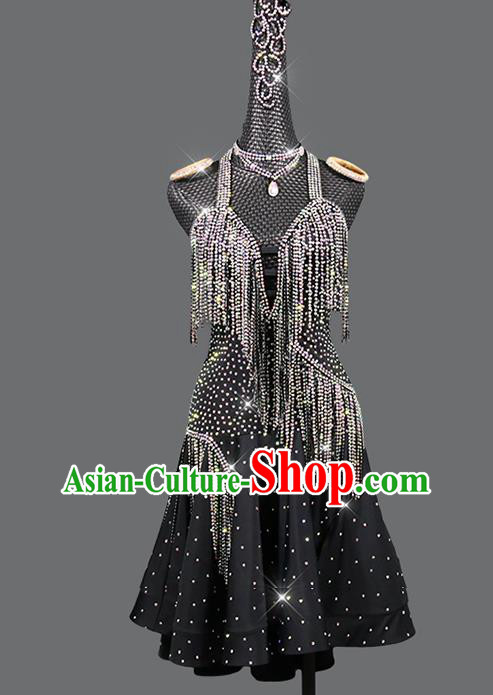 Professional Latin Dance Black Diamante Dress Modern Dance Costume Women Dancing Competition Clothing Cha Cha Sexy Fashion