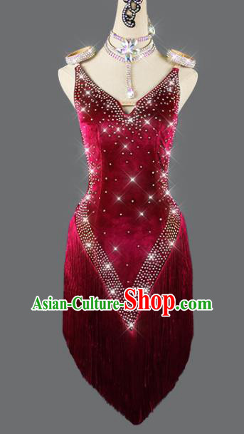 Professional Rumba Dance Costume Women Cha Cha Sexy Fashion Dancing Competition Clothing Latin Dance Wine Red Velvet Dress