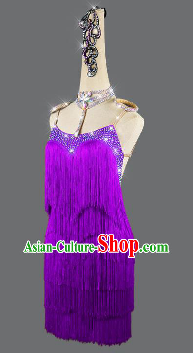 Professional Women Dancing Competition Fashion Latin Dance Clothing Cha Cha Sexy Purple Tassel Dress Rumba Dance Costume
