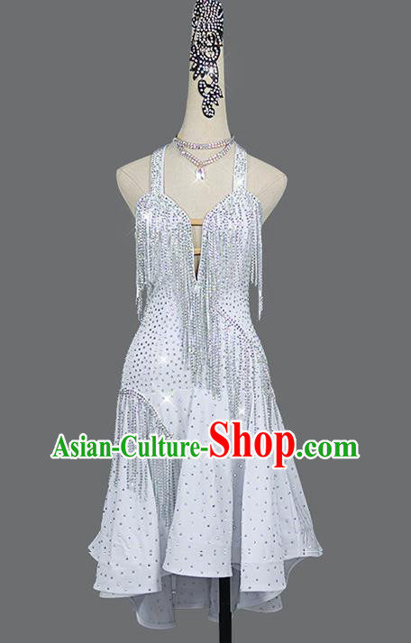 Professional Women Cha Cha Costume Dancing Competition Clothing Rumba Dance Fashion Latin Dance Sexy White Dress