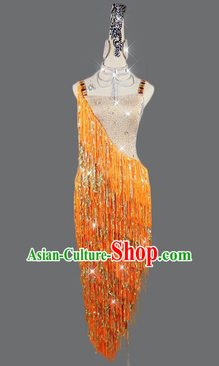 Professional Dancing Garment Latin Dance Competition Orange Tassel Dress Women Rumba Dance Costume Cha Cha Clothing