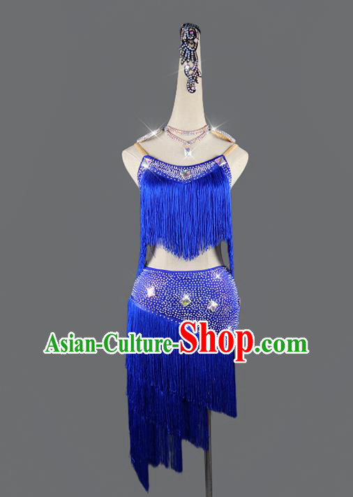 Professional Women Rumba Dance Costume Cha Cha Clothing Dancing Garments Latin Dance Competition Royalblue Tassel Uniforms