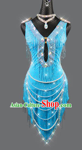 Professional Women Dancing Competition Fashion Latin Dance Clothing Rumba Dance Sexy Blue Dress Cha Cha Costume