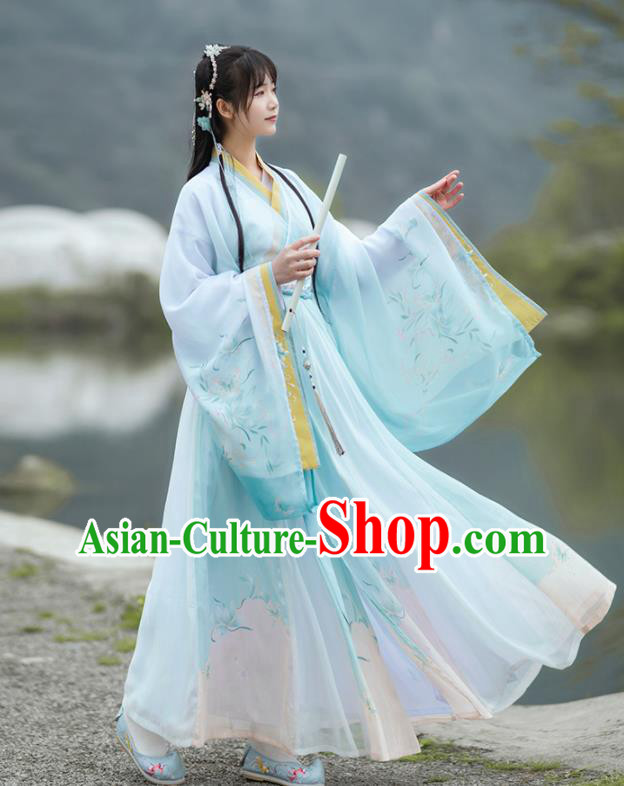 China Jin Dynasty Young Beauty Clothing Ancient Goddess Blue Hanfu Dress Traditional Royal Woman Historical Garments