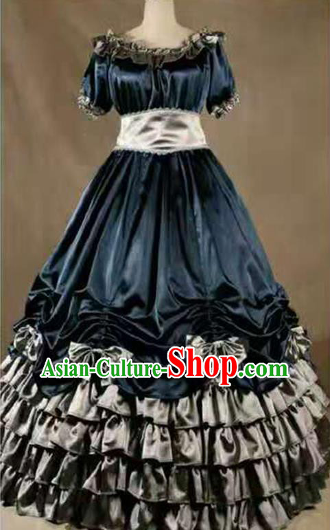 Top European Middle Ages Garment Clothing Gothic Princess Navy Dress Western Court Formal Costume Halloween Performance Full Dress