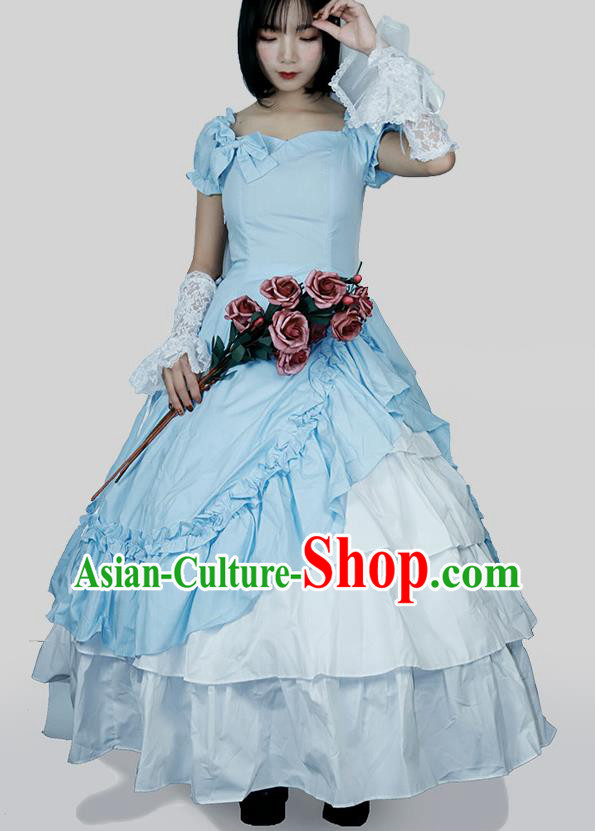 Top Halloween Cosplay Garment Costume Opera Performance Full Dress European Court Princess Clothing Gothic Woman Blue Dress