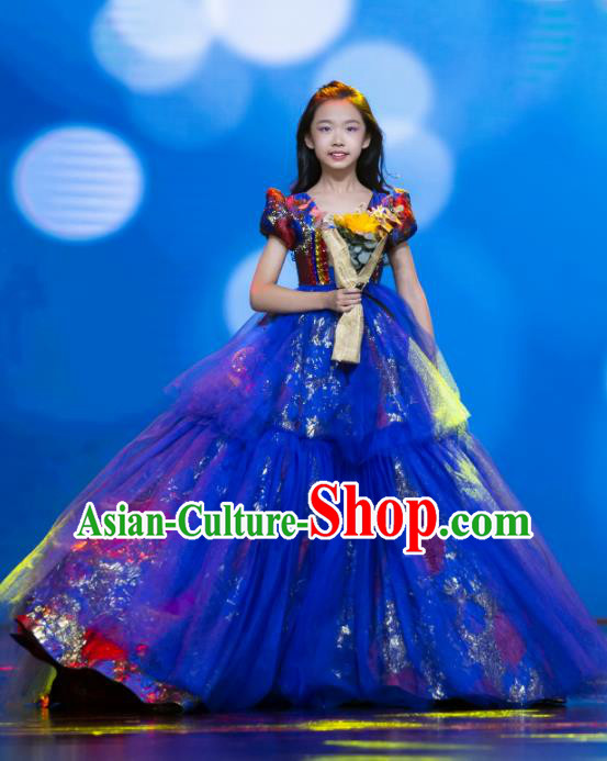 High Kid Birthday Full Dress Children Catwalks Blue Trailing Dress Girl Stage Show Clothing Compere Garment Costume