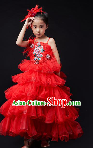 High Quality Children Compere Red Veil Dress Piano Performance Clothing Stage Show Full Dress Girl Catwalks Fashion