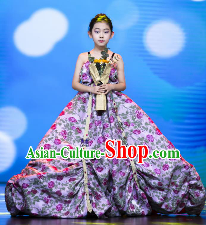 High Baroque Compere Garment Costume Kid Birthday Trailing Full Dress Children Catwalks Purple Dress Girl Stage Show Clothing