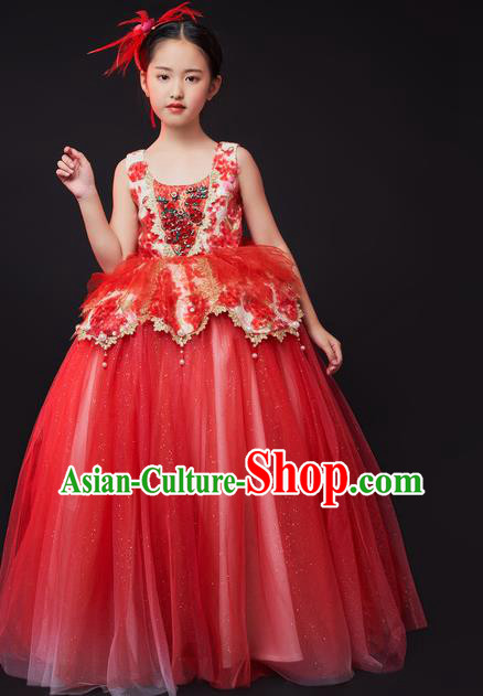 Custom Children Dancewear Chorus Compere Clothing Stage Show Fashion Dress Girl Catwalks Red Full Dress