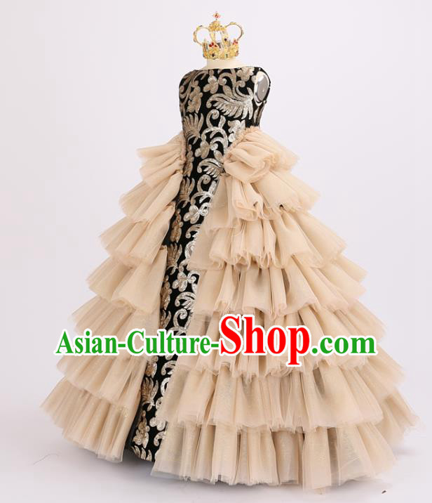 Custom Catwalks Baroque Full Dress Children Dancewear Girl Compere Fashion Clothing Stage Show Golden Dress