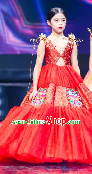 High Girl Stage Show Clothing China Compere Garment Costume Kid Birthday Trailing Full Dress Children Catwalks Red Veil Dress