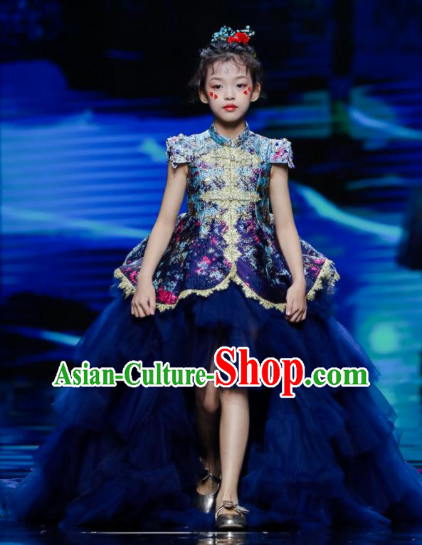 High Kid Birthday Trailing Full Dress Children Catwalks Navy Veil Dress Girl Stage Show Clothing Compere Garment Costume
