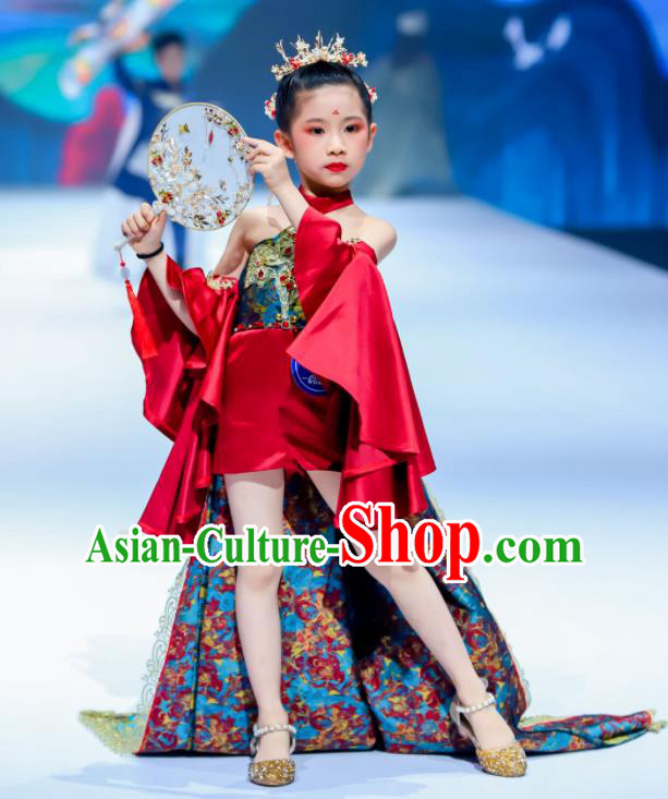 High Compere Garment Costume Kid Performance Full Dress Children Catwalks Uniforms Girl Stage Show Trailing Clothing