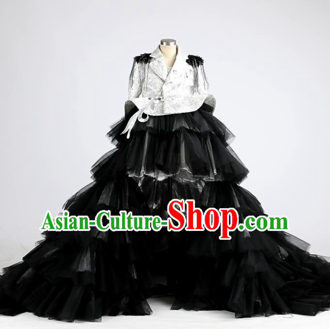 High Girl Stage Show Black Veil Trailing Clothing Compere Garment Costume Kid Performance Full Dress Children Catwalks Uniforms