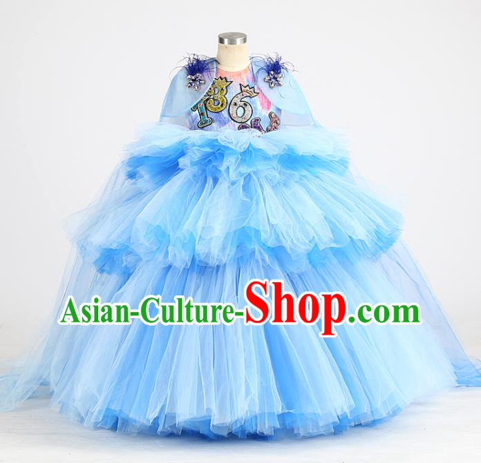 High Stage Show Full Dress Children Birthday Blue Veil Dress Girl Catwalks Clothing Compere Garment Costume