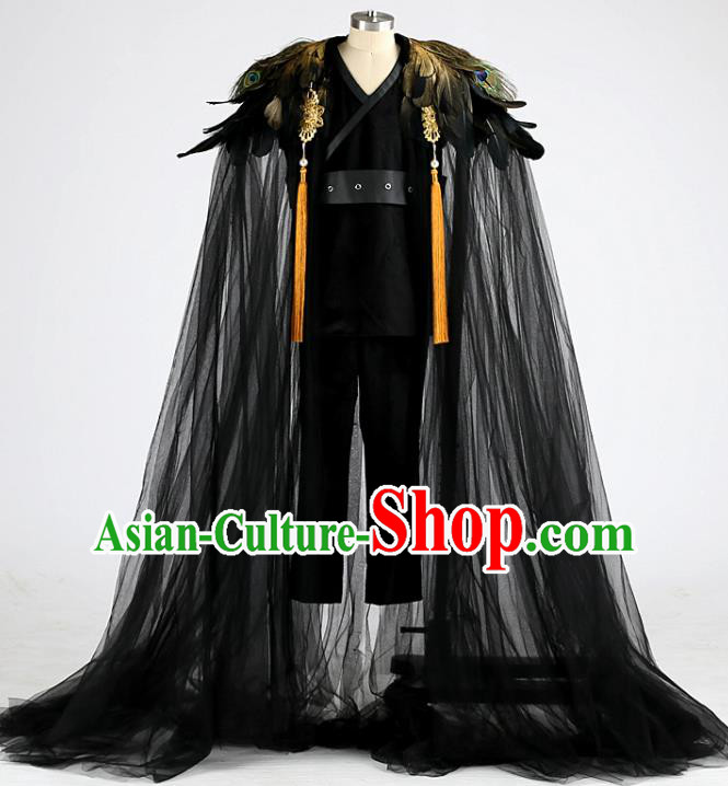 Top China Children Dance Performance Feather Apparels Boys Stage Show Suits Kid Catwalks Black Cape Uniforms