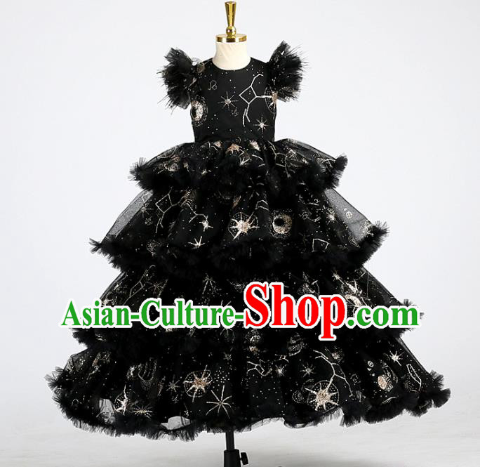 High Girl Catwalks Clothing Children Performance Black Dress Baby Compere Garment Costume Stage Show Full Dress