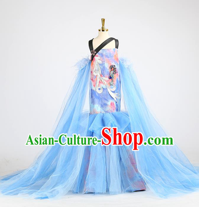 High Baby Compere Garment Costume Stage Show Full Dress Girl Catwalks Clothing Children Performance Blue Veil Fishtail Dress