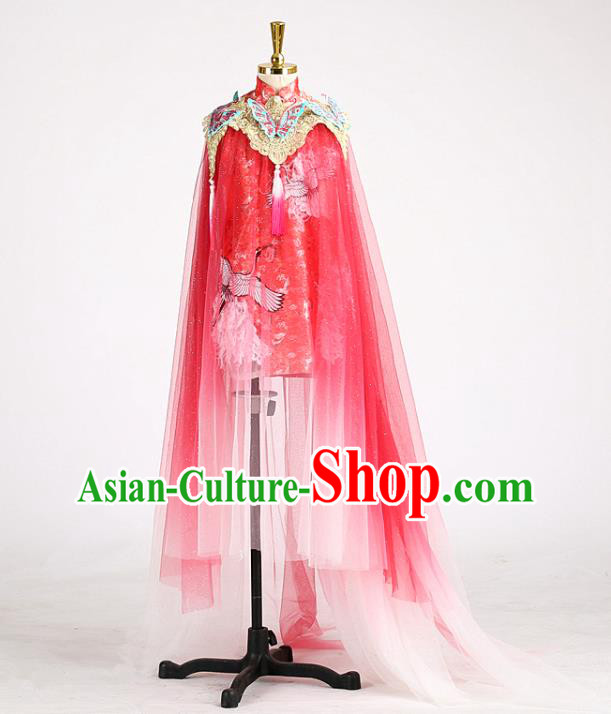 High Stage Show Red Full Dress Girl Chorus Clothing Children Performance Qipao Dress Catwalks Garment Costume