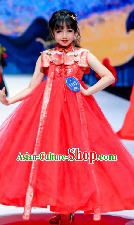 High Stage Show Red Veil Full Dress Girl Chorus Performance Clothing Children Compere Dress Catwalks Garment Costume