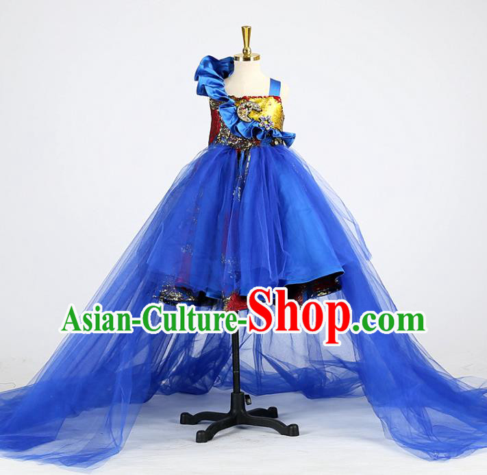 High Stage Show Royalblue Veil Full Dress Girl Model Performance Clothing Children Compere Garments Catwalks Formal Costume