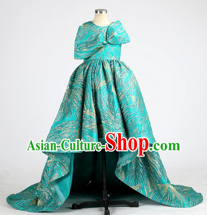 High Girl Catwalks Clothing Chorus Garment Costume Stage Show Full Dress Children Compere Green Trailing Dress