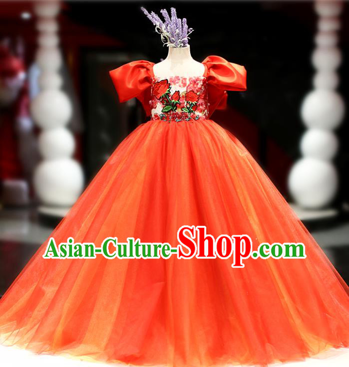 High Girl Princess Formal Costume Stage Show Embroidered Red Full Dress Kid Catwalks Clothing Children Performance Garments