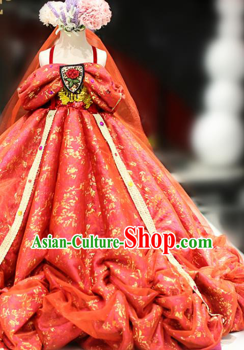 High Children Performance Garments Girl Princess Formal Costume Stage Show Red Trailing Full Dress Kid Catwalks Clothing