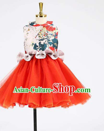 High Stage Show Red Short Full Dress Kid Catwalks Clothing Children Performance Garments Girl Dance Costume