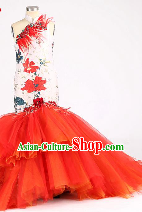 High Children Performance Fishtail Dress Girl Compere Costume Stage Show Red Veil Trailing Full Dress Kid Catwalks Clothing
