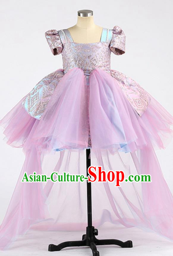 High Children Performance Lilac Dress Girl Compere Clothing Stage Show Princess Full Dress Kid Catwalks Fashion