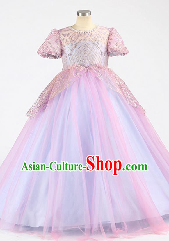 High Compere Clothing Stage Show Princess Full Dress Girl Catwalks Fashion Children Performance Purple Veil Dress