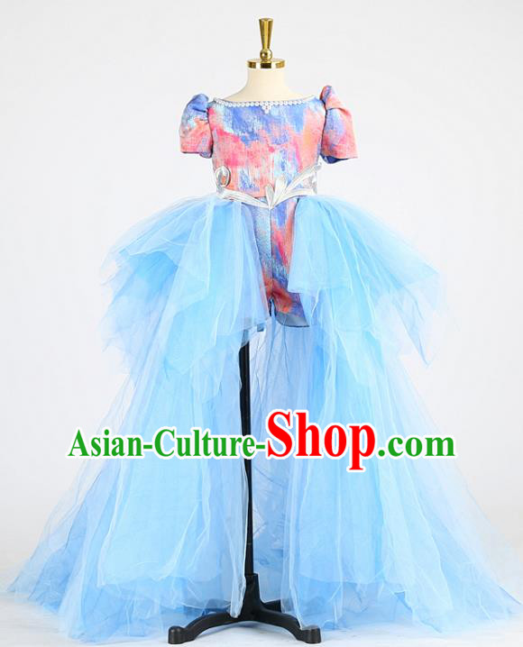 High Compere Formal Costume Stage Show Blue Full Dress Girl Catwalks Clothing Children Compere Garments