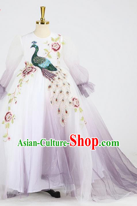 High Stage Show Embroidered Peacock Full Dress Girl Catwalks Clothing Children Compere Garments Compere Formal Costume