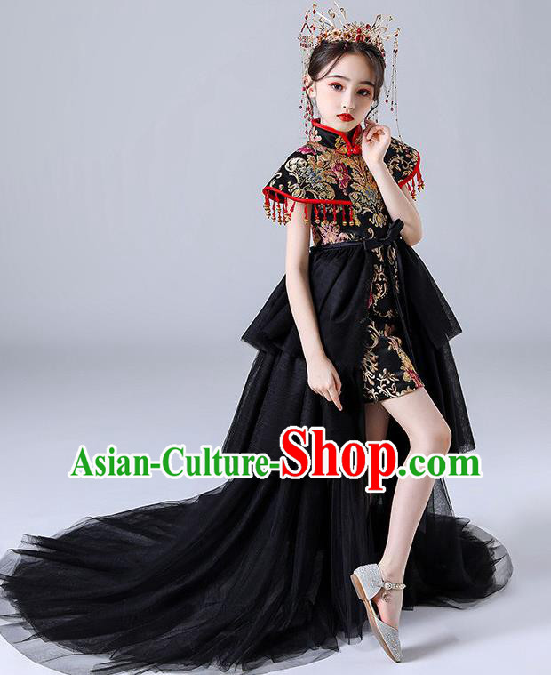 China Girl Catwalks Clothing Stage Performance Garment Costume Children Embroidered Qipao Dress Black Veil Trailing Dress