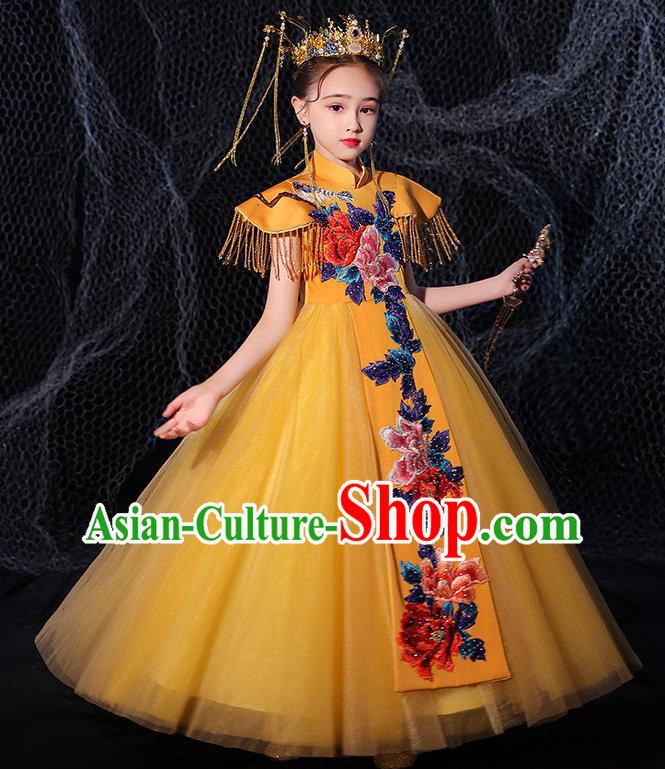 China Children Dance Wear Embroidered Yellow Dress Girl Catwalks Clothing Stage Performance Garment Costume