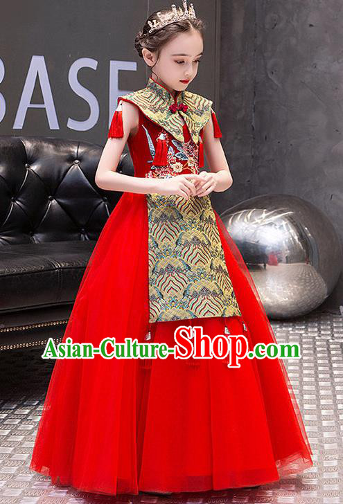 China Girl Catwalks Clothing Stage Performance Garment Costume Children Classical Dance Dress Compere Red Veil Dress