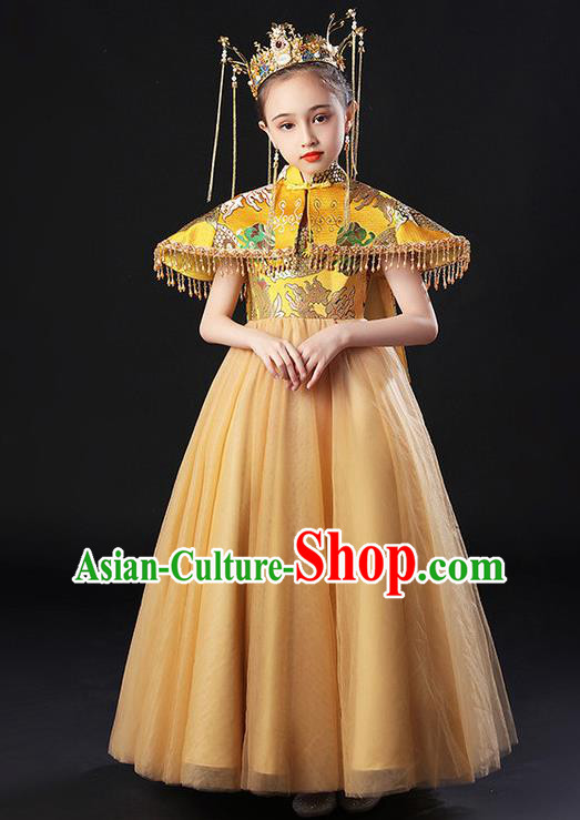 China Compere Yellow Trailing Dress Girl Catwalks Clothing Stage Performance Garment Costume Children Classical Dance Dress